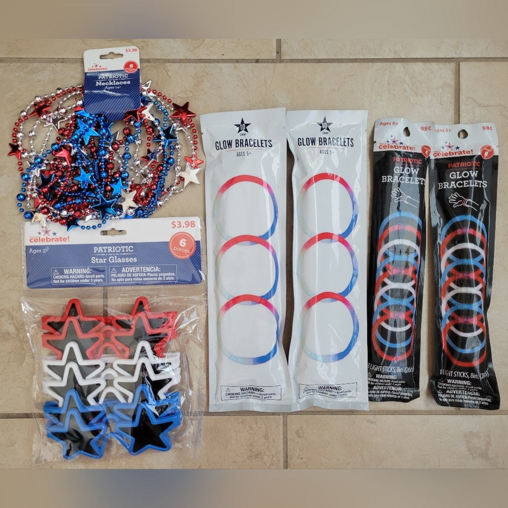 Patriotic Lot-Red Blue White Glow Bracelets, Necklaces, and Star Glasses Pack